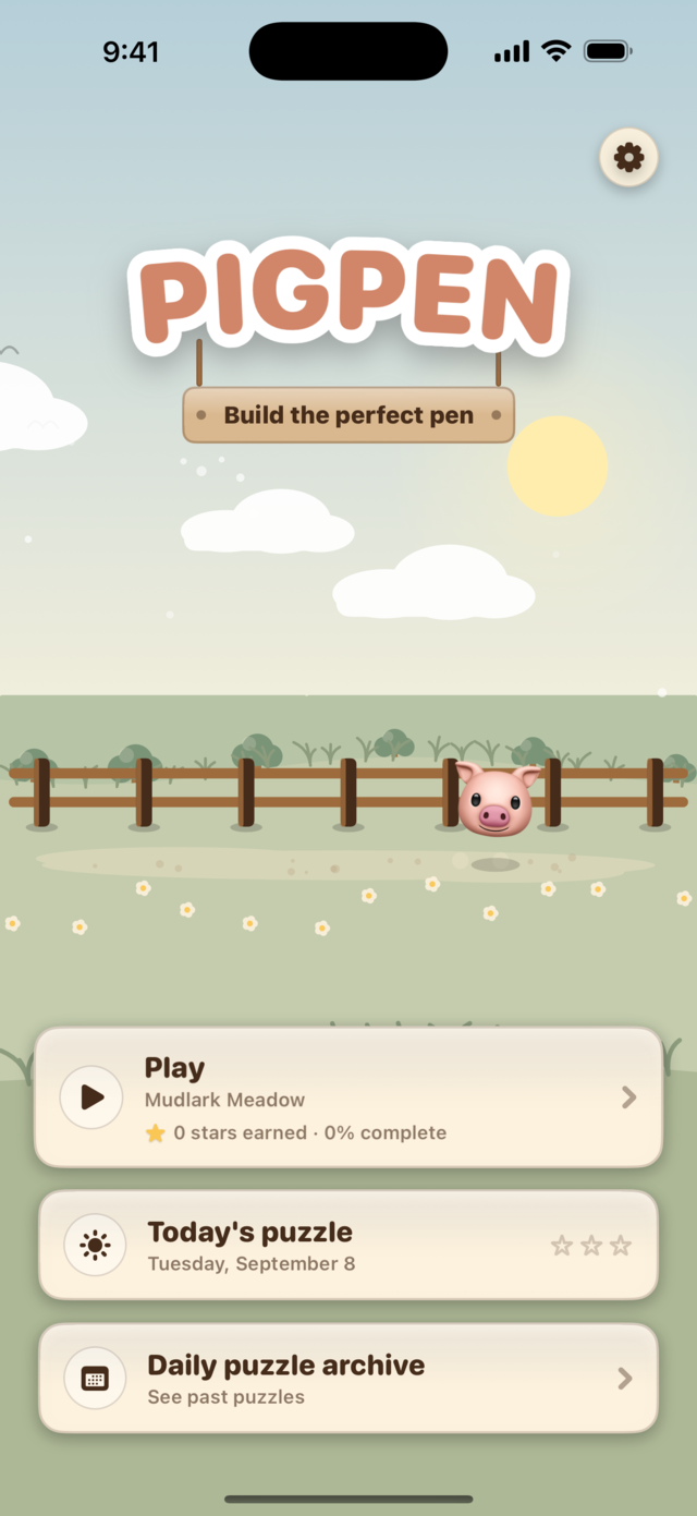The Pigpen home screen: PIGPEN cut out in soft red letters, a wooden sign under it reading Build the perfect pen, a pig peeking over a meadow fence, and rows for Play, Today’s puzzle and the daily puzzle archive.